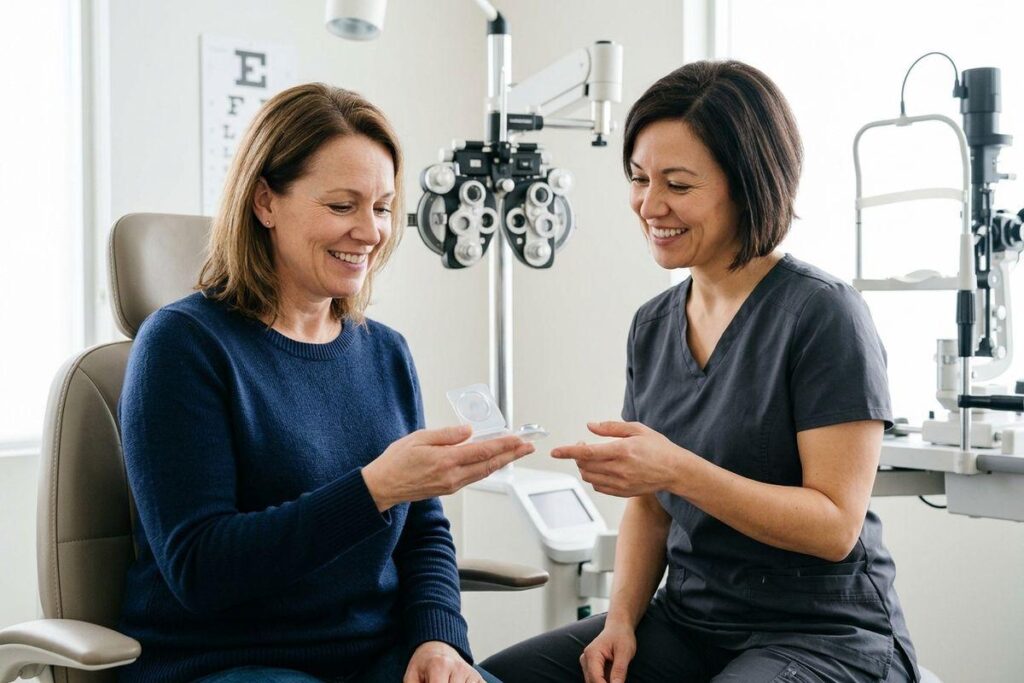 Optometrist points to contact lens packs held by a smiling patient seated in an exam chair beside a phoropter and eye chart.