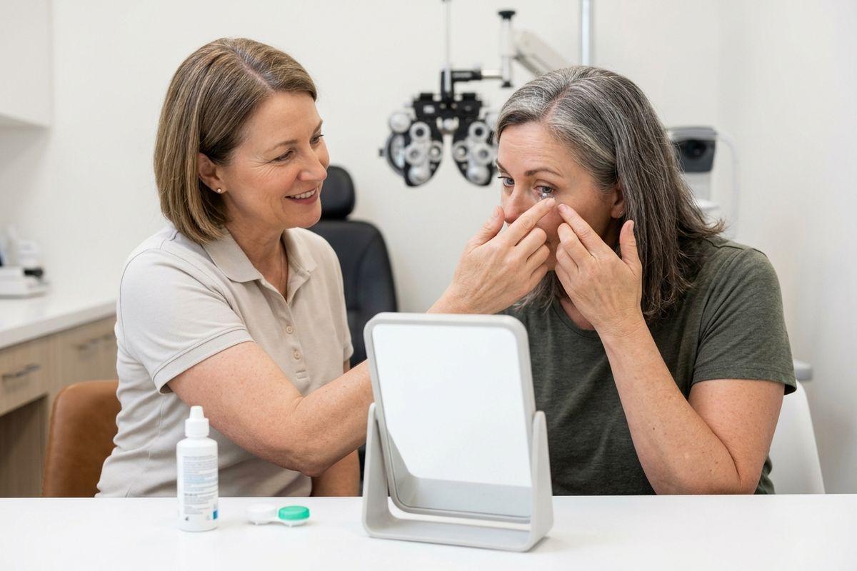 Optometrist smiles while assisting a patient inserting a contact lens at a mirror, with lens case and solution bottle on the table.