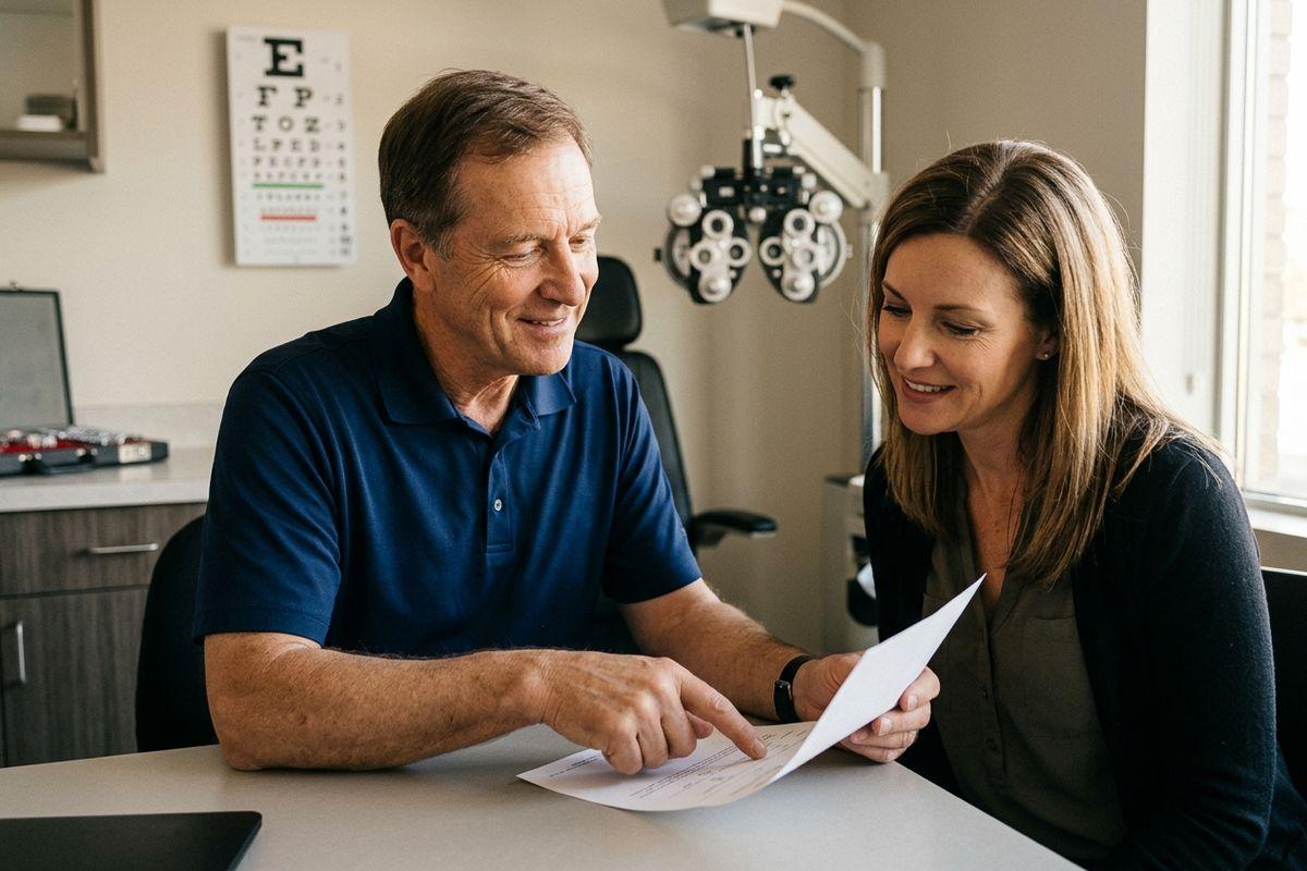 Optometrist points to a document while smiling with a patient in an exam room with a phoropter and eye chart behind them.