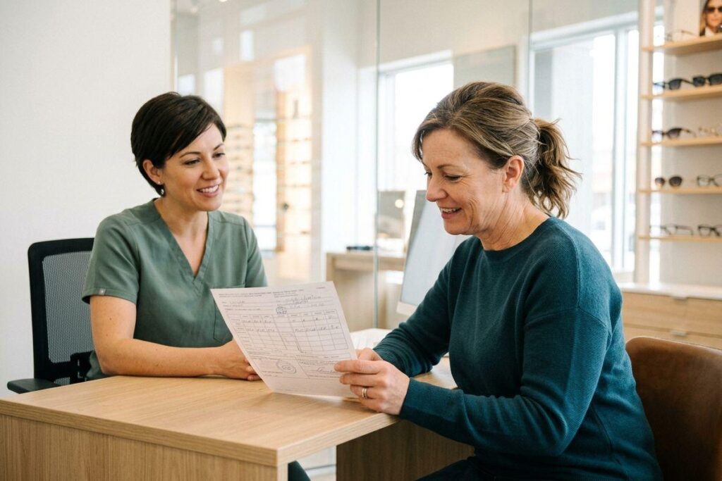 Patient reads a prescription form at a desk while a smiling optician looks on, with eyeglass display shelves behind them.