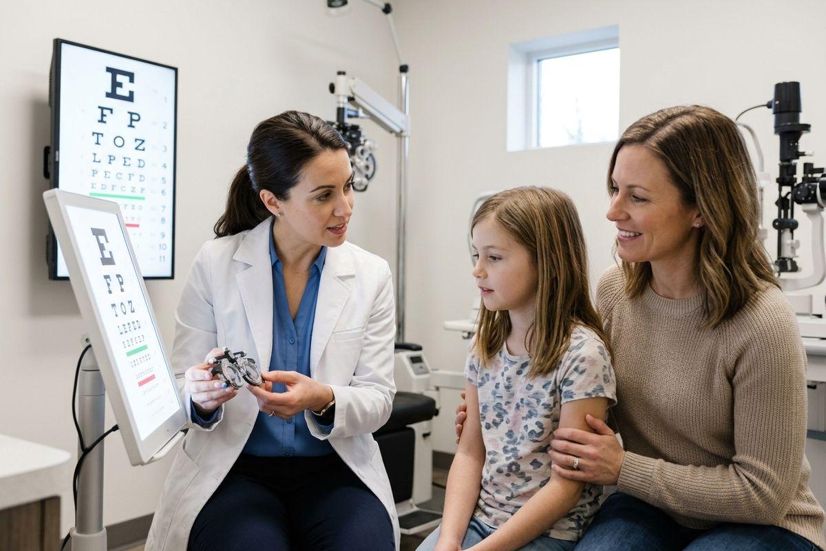 Optometrist holding trial frames while talking to a child and accompanying adult in an exam room with eye charts and equipment.