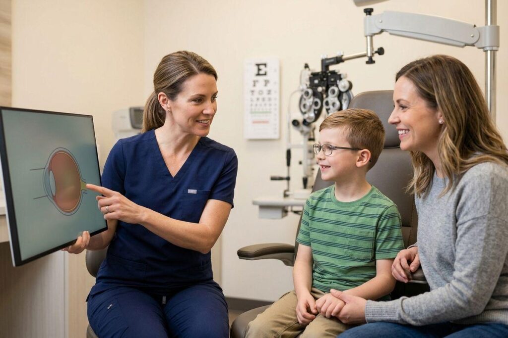 Optometrist points to a screen showing an eye diagram while a smiling child in glasses and an adult listen in an eye exam room.